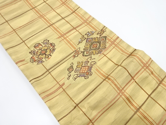 格子に花更紗模様織り出し名古屋帯